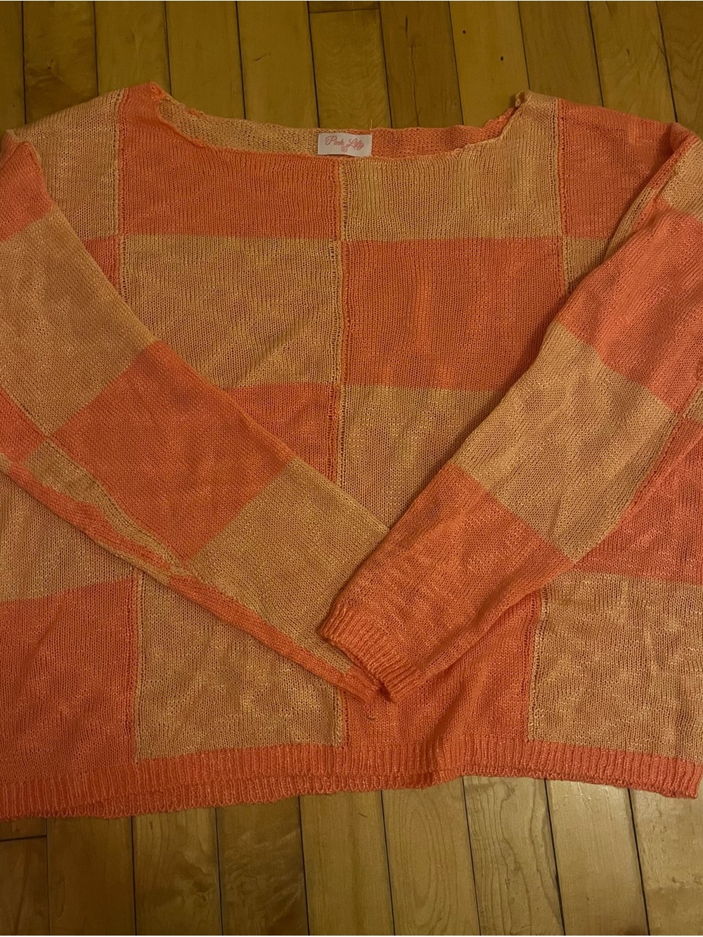 Pink Lily Coral & Peach Blocked Crewneck Sweater